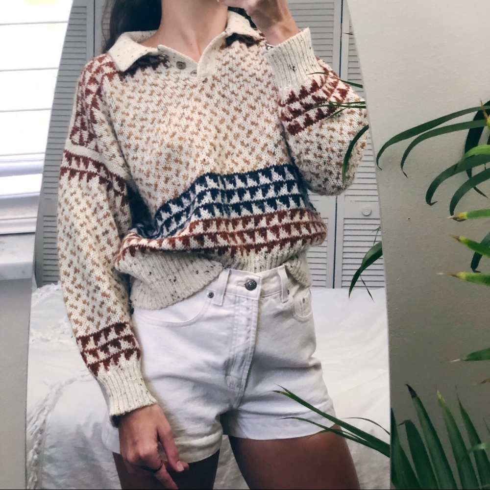 Vintage Collared Patterned Knit Sweater - Cream with Rust & Navy Accents